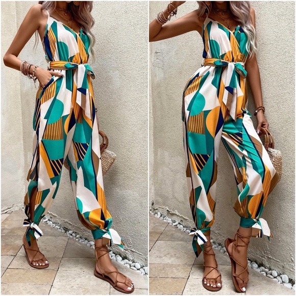 Pants - Boho Geo Print Ankle Tie Jumpsuit